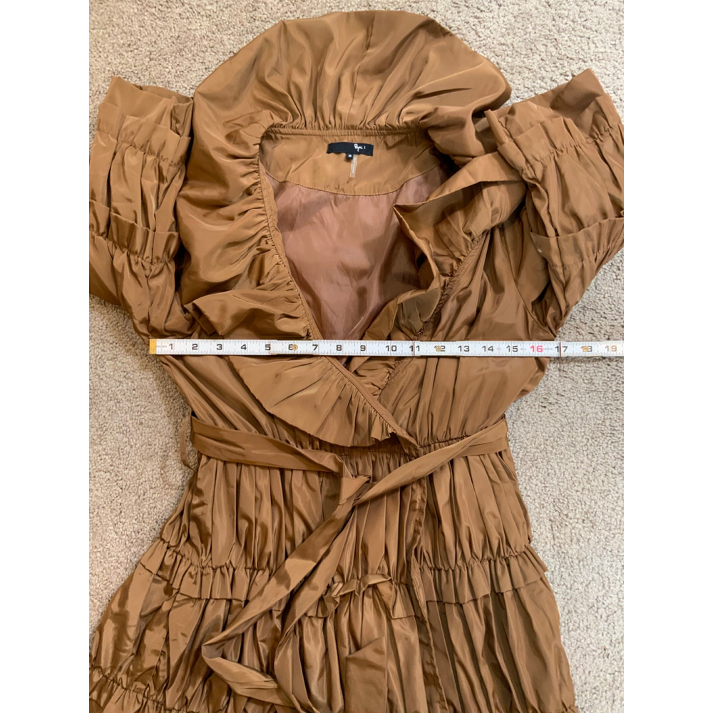 Ryu Women's Ruffled Mini Tiered Dress Size Small Brown 3/4 Sleeves Belted V-Neck - Picture 7 of 15